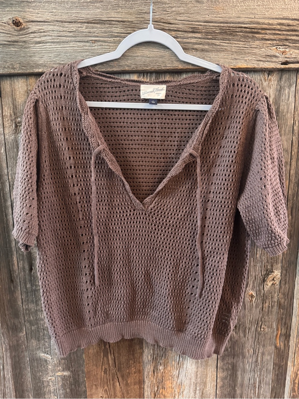 Universal Thread Chocolate Brown Crochet V-Neck Short Sleeve Top Size L Boho